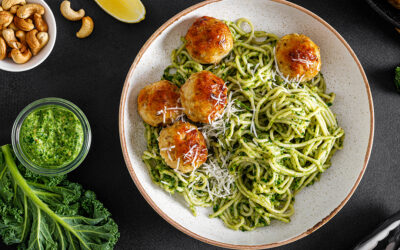 Rustic Chicken Meatballs + Kale Pesto Pasta