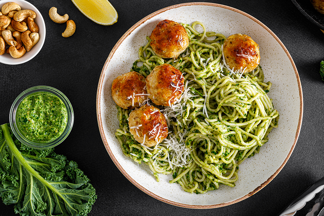 Rustic Chicken Meatballs + Kale Pesto Pasta United Markets Organic & Specialty Grocery Store